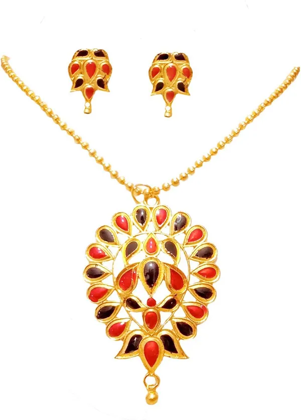 Assamese_Traditional_Gold_Plated_Red_Black_Colour_Chain_Jewellery_Set_For_Women